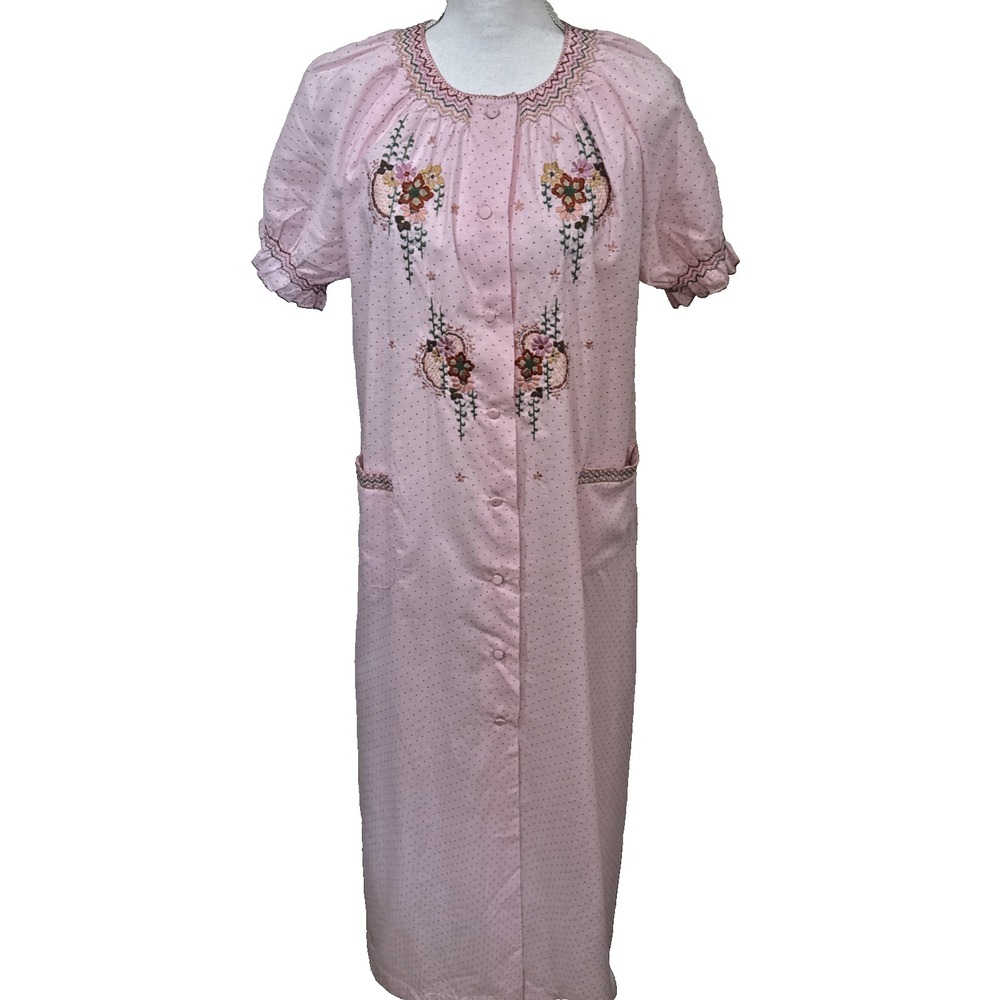 Vintage Nightgown House Dress Embroidered Pockets Swiss Dot Cottage Retro Boho